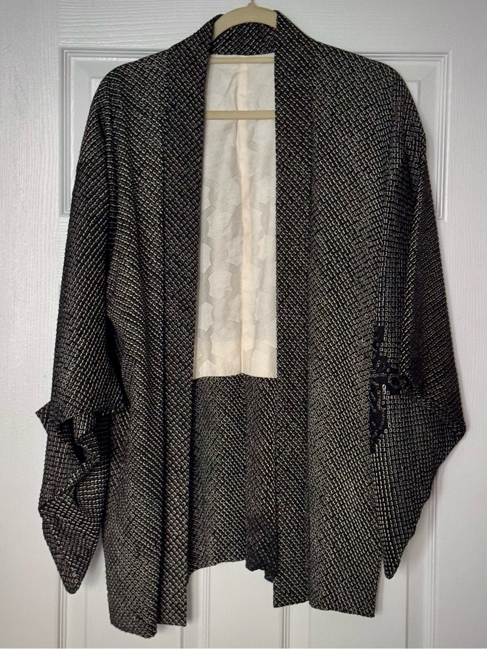 Vintage Japanese Woven Black & Cream Dot Pattern Open-Front Haori Kimono Jacket